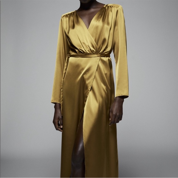 Zara olive satin wrap dress - Picture 2 of 5